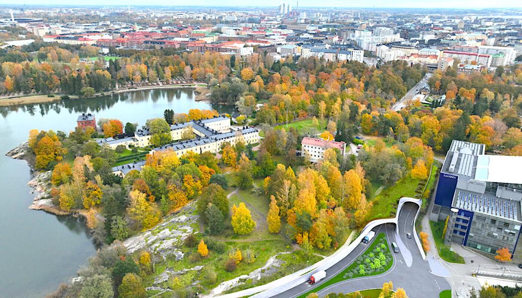 Den två kilometer långa tunneln i Helsingfors kommer att komma ut vid den södra kanten av Lappvikens park och ansluta därifrån till västra ringvägen. Bild: PES-Arkkitehdit Oy