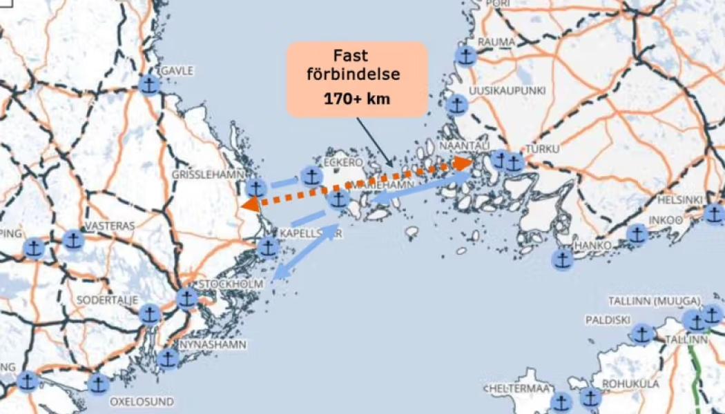 En fast förbindelse mellan Finland och Sverige, med en hållplats på Åland, är ett framtidsscenario som kastas fram i en rapport av Finlands näringsliv och några andra organisationer. Bildkälla: Finlands näringsliv, Montage: Ålands Radio