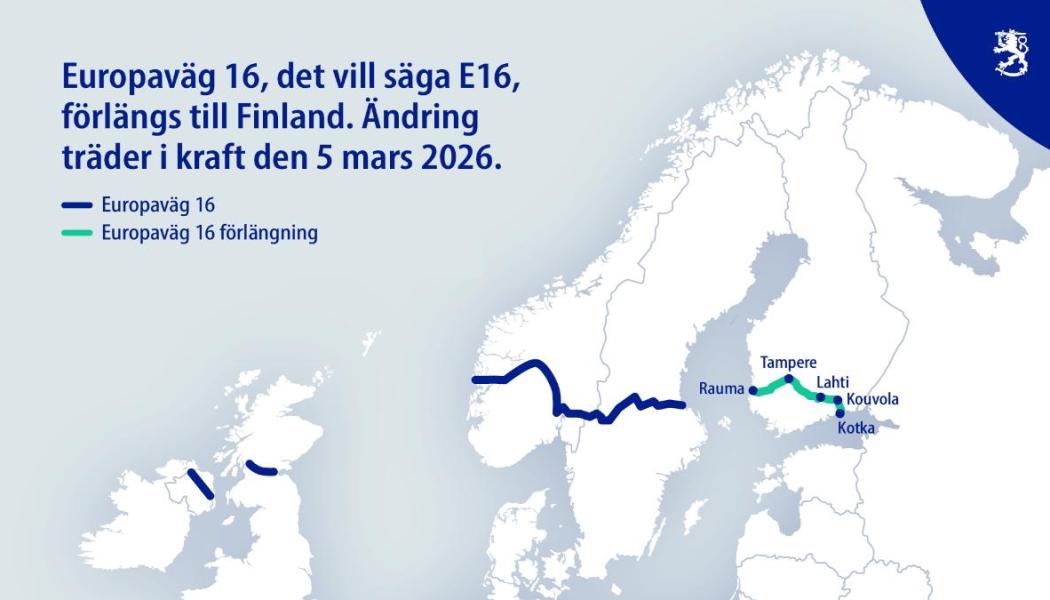 Europaväg 16 förlängs till Finland. Ny sträckning via Tammerfors och Kouvola träder i kraft i mars 2026. Bild: Finlands Kommunikationsministerium