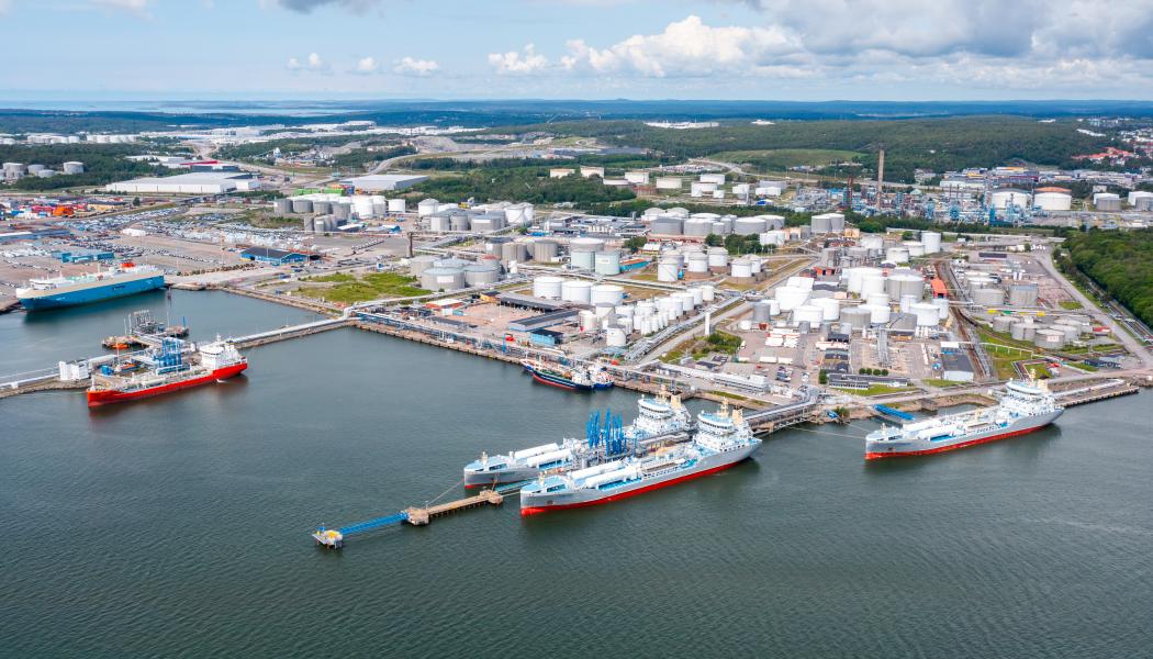 Flygbild över skarvikshamnen. Bild: Göteborgs Hamn.
