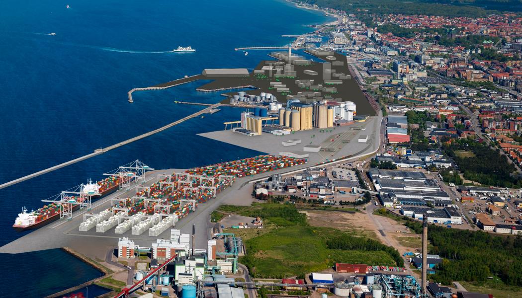 Visionsbild över framtidens containerterminal i södra Helsingborg. Satsningen ska möta ökande godsvolymer och skapa förutsättningar för fortsatt utveckling av säkra och effektiva flöden. Foto: Helsingborgs hamn