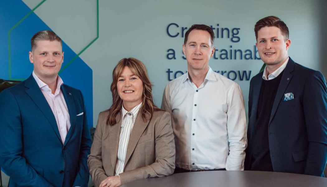 Patrik Westræus, Head of Sustainability Greencarrier, Anna Taranger, Country Manager Greencarrier Liner Agency Sweden Group Patrik Rössberger, Country Manager Hecksher Sweden, Nicolas Myrén, Managing Director Greencarrier Consolidators Sweden. Foto: press