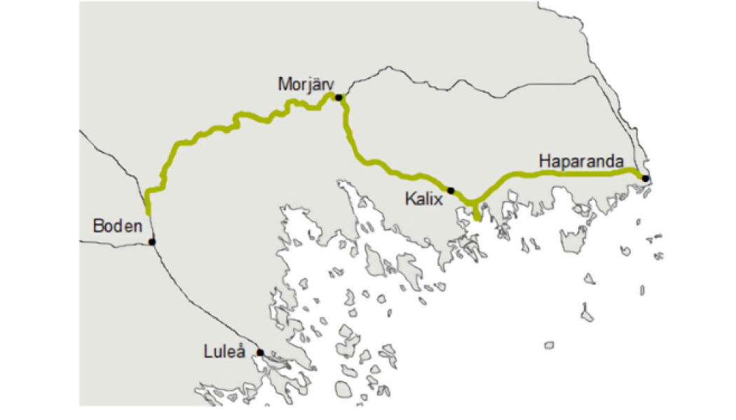 Elektrifieringsprojektet för järnvägssträckan Laurila–Torneå–Haparanda, ett samarbete mellan Finland och Sverige, har nu slutförts.. Karta: Trafikverket