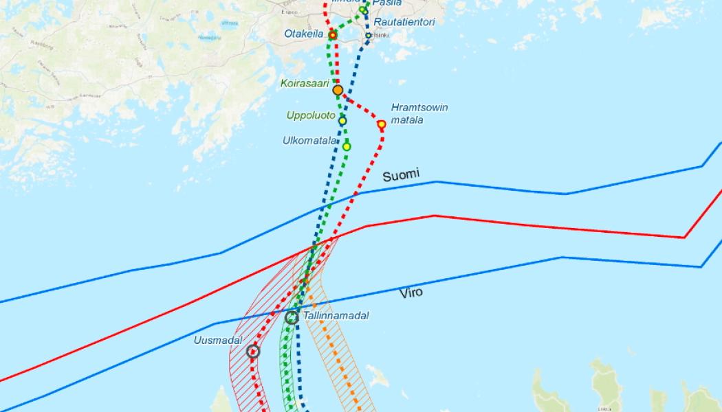 Olika tidigare undersökta möjliga tunnelsträckningar mellan Helsingfors och Tallinn. Klicka på krysset för att kunna se hela kartan. Bild: Finest Bay Area Development Oy 