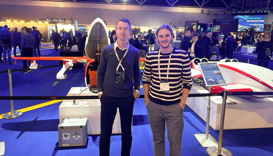 Henrik Littorin, ELIS program, och Martin Lundholm, Skanska, på Amsterdam Drone Week, som är en global plattform för att dela kunskap om aktuella luftlösningar, potentiella innovationer och viktiga regelverk. Foto: Skellefteå Science City