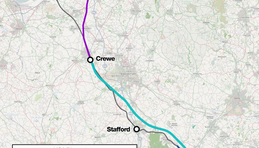 Karta över den år 2023 inställda höghastighetssträckan Birmingham-Manchester HS2, som visar fas 2a och 2b och Golborne Link. Klicka på krysset högst till vänster för större och mer komplett bild. Karta: Wikipedia Common, kredit: Cnbrb och ytterligare en författare 