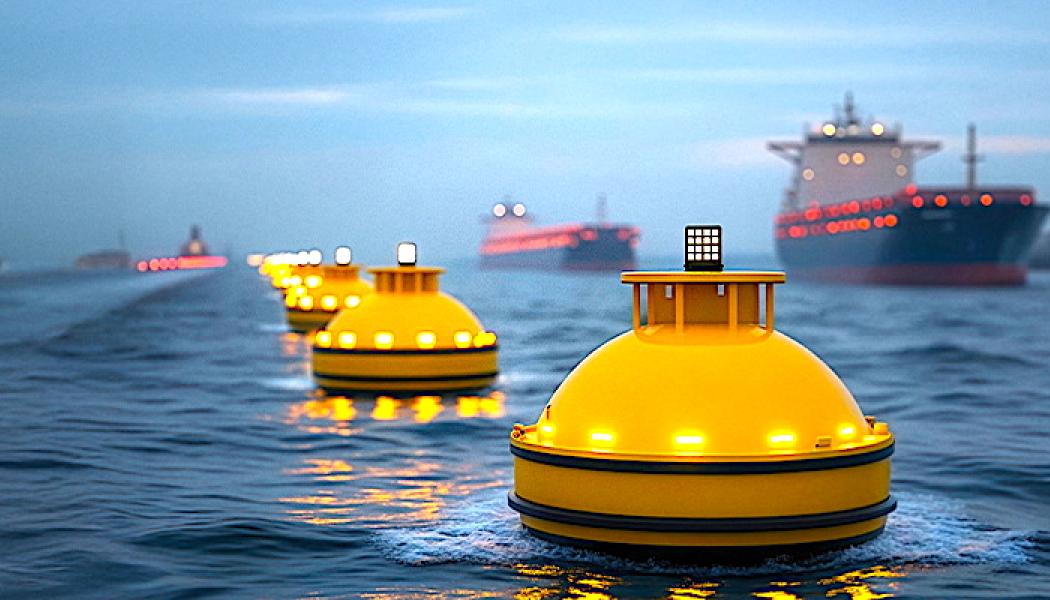 Konceptuell visualisering av autonom sjöfart med navigationsbojar anpassade för obemannade fartyg. Bild: HTL-Group