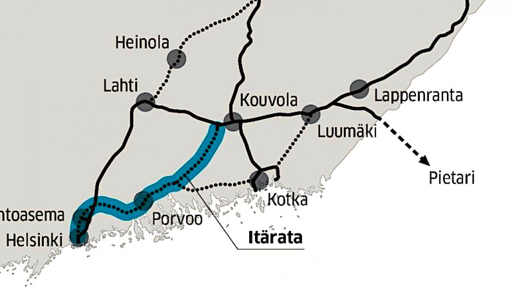 Den planerade sträckan för Östbanan börjar i Helsingfors (Helsinki) och passerar sedan Borgå (Porvoo). Karta: Östbanan projekt, Itärata-hanke