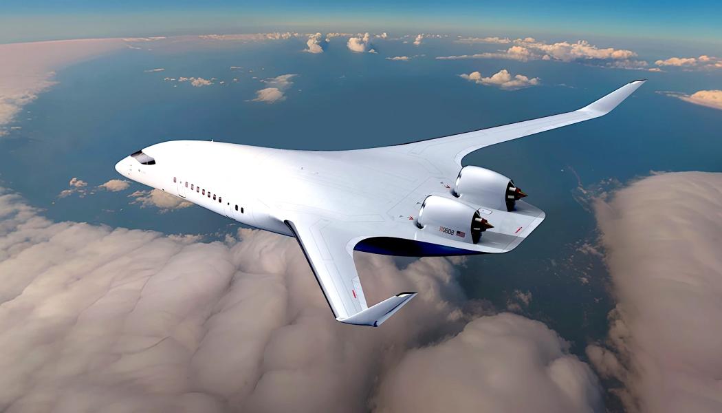JetZeros blended wing-design, där flygkropp och vingar smälter samman, ger betydande aerodynamiska fördelar. Foto: JetZero