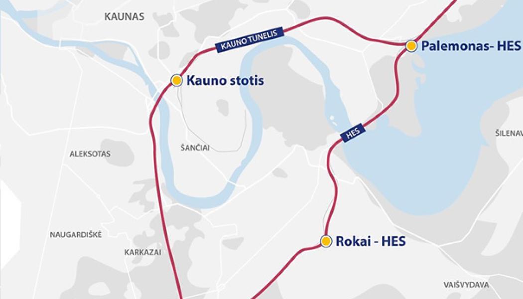 Knutpunkten i Kaunas kommer att innefatta huvudlinjen samt ankomst- och avgångsspåren för den europeiska järnvägslinjen vid Kaunas befintliga stationsbyggnad. Spåren med 1520 mm spårvidd kommer att flyttas till stationens södra sida. Karta: Rail Baltica