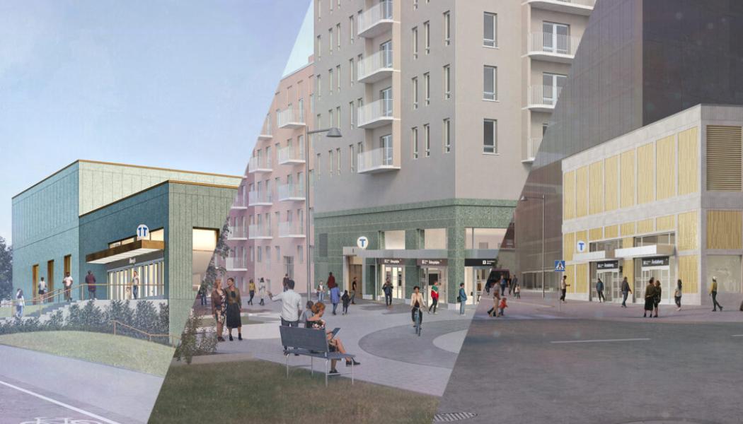 Så här kan entréerna till gula linjens nya stationer se ut; Älvsjö, Östbergahöjden och Årstaberg. Visionsbild: Region Stockholm/&Rundquist