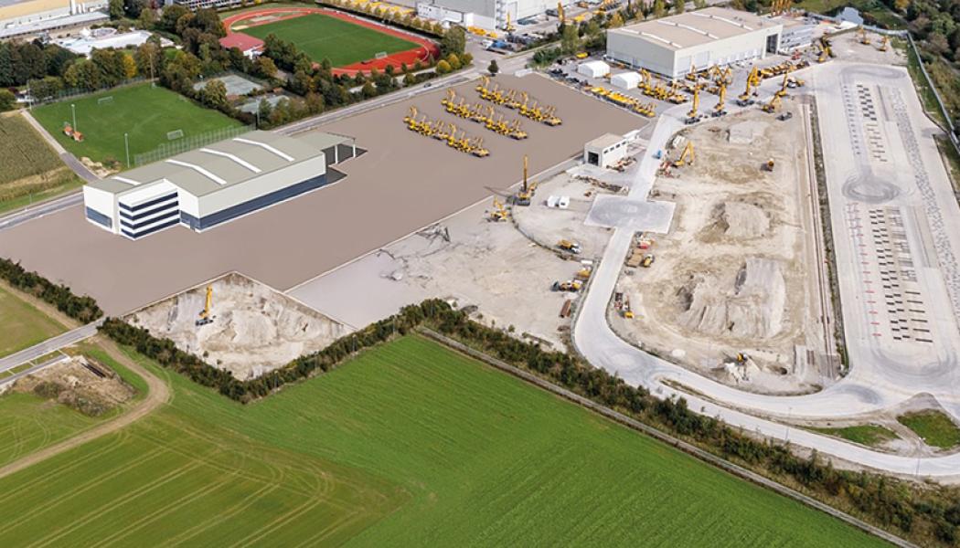 Visualisering av det planerade logistikcentret vid Liebherr-Hydraulikbagger GmbH i Kirchdorf vid floden Iller. Bild: Liebherr-Hydraulikbagger GmbH