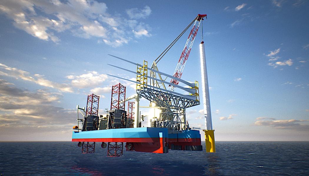 Maersk Supply Service har designat och beställt ett unikt fartyg för vindturbinInstallationer för  bottenfixerade havsbaserade vindkraftverk. Fartyget är det första i sitt slag. Därigenom blir installationen 30 procent snabbare än den konventionella jack-up-metoden. Illustrationen: Maersk Supply Service