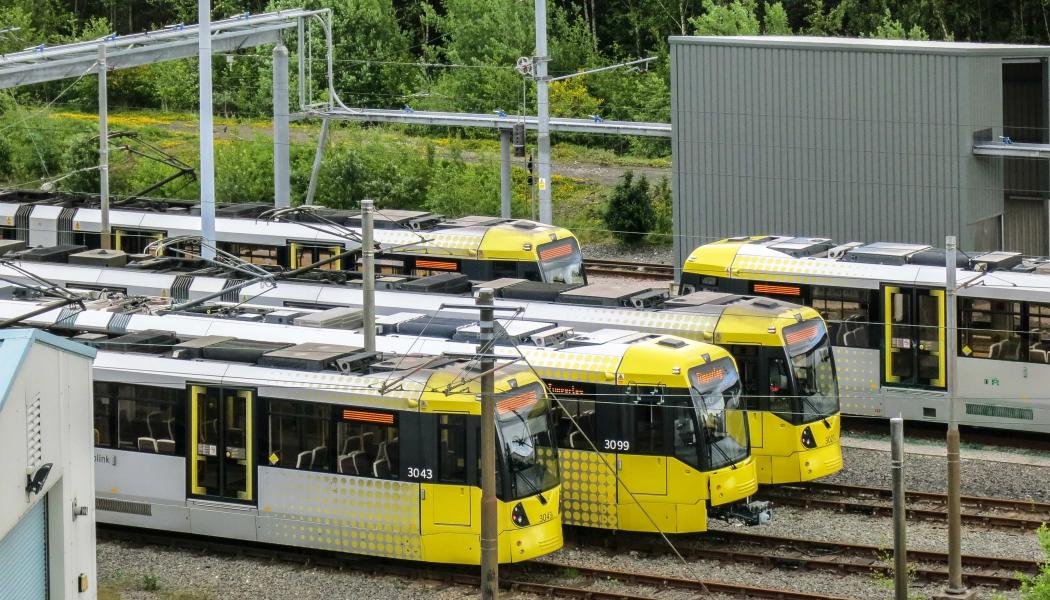 Manchester Metrolink depå med ett antal spårvagnar. Foto: Wikipedia Commons Lic, kredit: Peter McDermott