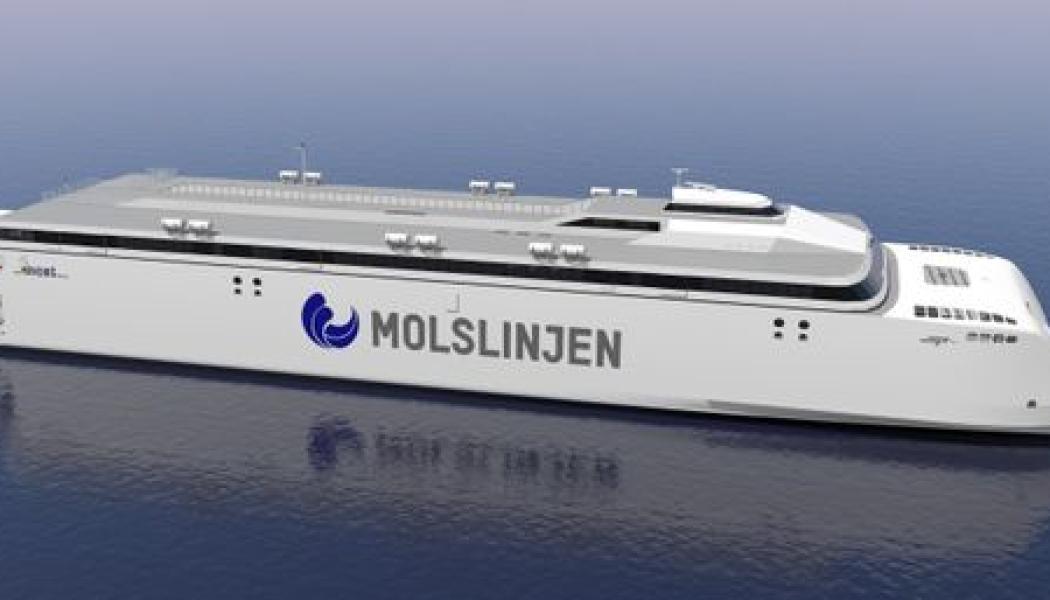 Molslinjens elektriska mega-katamaraner byggs nu i Tasmanien. Här syns en illustration av de kommande snabbfärjorna för Kattegatt. Foto: Incat Tasmania.