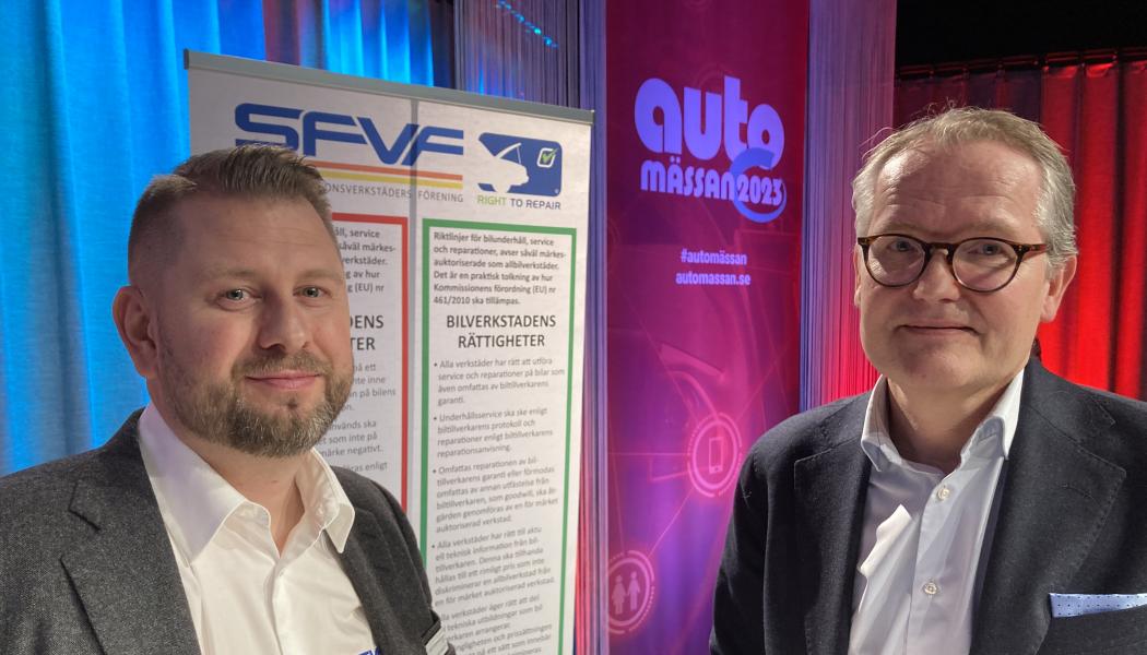 Ulf Stefansson, SFVF, och Robert Hård, Meko Group, talade om nuläget kring konkurrens och bilverkstädernas rättigheter. Foto: SBF