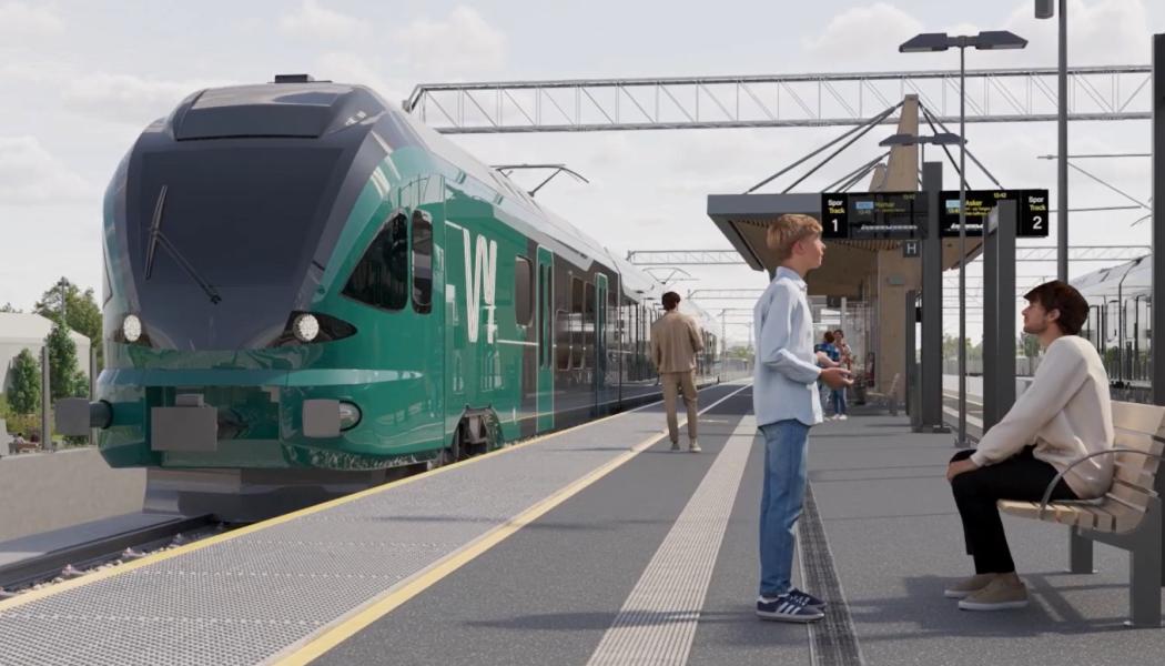 Dubbelspåret fortsätter över Tangenhalvön, där ett nytt stationsområde byggs nordväst om det nuvarande. I norra delen av kommunen går spåret både längs de befintliga järnvägsspåren och i ny terräng. Stange station byggs om och kommer att se ut som ny. Illustration: Eleda