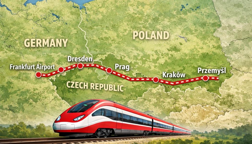 Den nya tåglinjen får en total längd på över 1 300 kilometer och sträcker sig från Przemyśl vid den polsk-ukrainska gränsen via Kraków, Prag och Dresden till Frankfurt am Main flygplats. Karta: Illustration: AI-genererad bild.
Upphovsrätt © Conventus