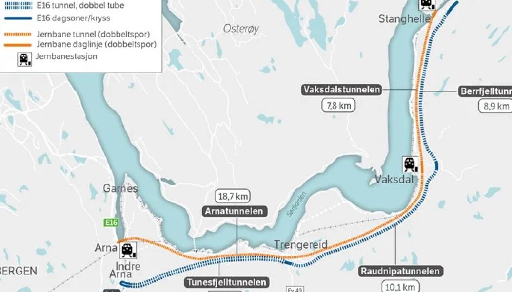 Karta som visar en översikt över hur E16 Vossebanen och Arna-Stanghelle kommer att se ut med den nya planerade lösningen. Norges Vegvesen