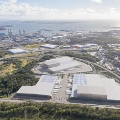 Tidig visionsbild över den nya hamnnära logistikparken på Halvorsäng där OneMed blir första hyresgäst. Bild: Castellum/Göteborgs Hamn AB