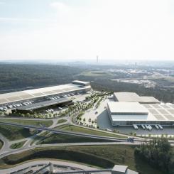 Visionsbild över den framväxande Halvorsäng logistikpark, strax norr om Göteborgs Hamn. Vink hyr in sig i den svarta byggnaden på bilden. Bild: Castellum/Göteborgs Hamn AB.