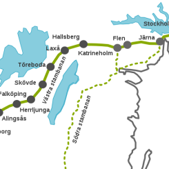 Västra stambanans dragning mellan Stockholm och Göteborg. Foto: Wikimedia Commons