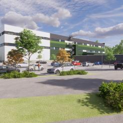 Logicenters firade stomresningen av DEXIS nya anläggning på Rykmentinportinkatu 3 i Tusby. Illustration: Logicenters.