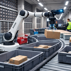 Automationslösningen klarar 800 till 1 200 plock per timme. Illustration: AI-genererad bild. Ej ett fotografi.
Upphovsrätt © Conventus– AI-genererat innehåll. Inget av materialet får reproduceras eller användas i andra sammanhang utan skriftligt medgivande.