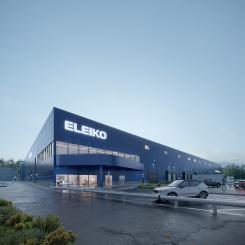 Eleikos nya logistikcentral väntas bli 18 500 kvadratmeter stor och ligger intill huvudkontoret i Kistinge. Investeringen ska säkra bolagets produktionskapacitet för framtida tillväxt. Fastigheten beräknas stå klar under tredje kvartalet 2022. Illustration: Eleiko.