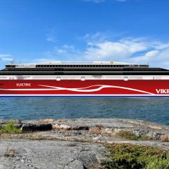 Den Cirka 195 meter långa elfärjan Viking Helios. Bild:  Viking Line