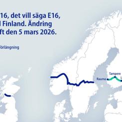 Europaväg 16 förlängs till Finland. Ny sträckning via Tammerfors och Kouvola träder i kraft i mars 2026. Bild: Finlands Kommunikationsministerium