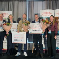 Från vänster: bankens VD Rasmus Roos, Monica Fallenius, VD Annehem Fastigheter, Victor Falkenklev, VD Falkenklev Logistik (Malmö), Lars Hultman, VD Alnarp Cleanwater Technology, och bankens hållbarhetschef Patricia Håkansson. Foto: Sparbanken Skåne