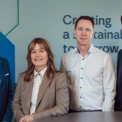 Patrik Westræus, Head of Sustainability Greencarrier, Anna Taranger, Country Manager Greencarrier Liner Agency Sweden Group Patrik Rössberger, Country Manager Hecksher Sweden, Nicolas Myrén, Managing Director Greencarrier Consolidators Sweden. Foto: press