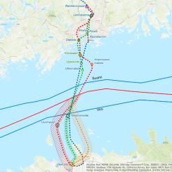 Olika tidigare undersökta möjliga tunnelsträckningar mellan Helsingfors och Tallinn. Klicka på krysset för att kunna se hela kartan. Bild: Finest Bay Area Development Oy