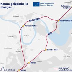 Knutpunkten i Kaunas kommer att innefatta huvudlinjen samt ankomst- och avgångsspåren för den europeiska järnvägslinjen vid Kaunas befintliga stationsbyggnad. Spåren med 1520 mm spårvidd kommer att flyttas till stationens södra sida. Karta: Rail Baltica