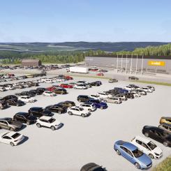 Den nya anläggningen omfattar cirka 3 000 kvadratmeter lokaler och totalt 37 000 kvadratmeter parkeringsyta, vilket innebär en fördubbling jämfört med nuvarande ytor i Åkersberga. Bild: KVD