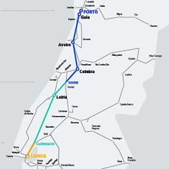 Projektet inbegriper ombyggnation av befintliga stationer längs sträckan mellan Lissabon och Porto för att anpassa stationerna till höghastighetståg, samt införandet av nya tjänster för resenärerna. Karta; Infraestruturas de Portugal (IP)