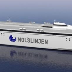 Molslinjens elektriska mega-katamaraner byggs nu i Tasmanien. Här syns en illustration av de kommande snabbfärjorna för Kattegatt. Foto: Incat Tasmania.
