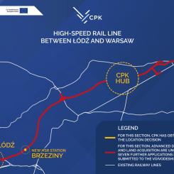 Översiktskarta över CPK:s planerade höghastighetsjärnväg mellan Warszawa och Lodz, som ingår i det större Y-nätet. Karta: CPK