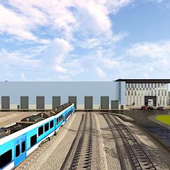 Det nya rullmaterieldepån i Rae kommun i Harju ska bli det största i Baltikum och samla underhåll och drift för Rail Baltica i Estland. Illustration: Rail Baltica / WKZ
