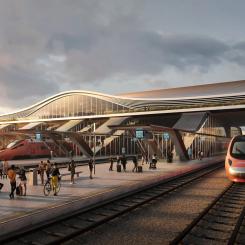 Riga Centralstation byggs om från grunden till internationell standard, och även flygplatsterminalen anpassas för den nya järnvägen. Dessa knutpunkter är avgörande för projektets passagerarprognoser, men har också varit bland de mest kostnadsdrivande delarna. Bild: Rail Baltica.