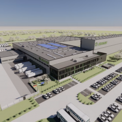 Visionsbild av Krones nya reservdels- och logistikcenter. Foto: Söderberg Haak