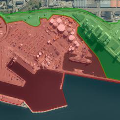 Västhamnens Containerterminal och Energihamn i röd markering är nu ett Civilt skyddsobjekt. Foto: Helsingborgs hamn