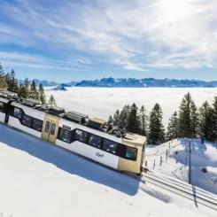 De fyra kuggstångstågen kommer att trafikera sträckan Goldau–Rigi Kulm. Foto: © Michi Captures/Stadler, Inc.