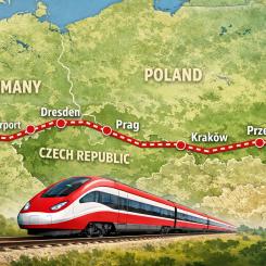 Den nya tåglinjen får en total längd på över 1 300 kilometer och sträcker sig från Przemyśl vid den polsk-ukrainska gränsen via Kraków, Prag och Dresden till Frankfurt am Main flygplats. Karta: Illustration: AI-genererad bild.
Upphovsrätt © Conventus