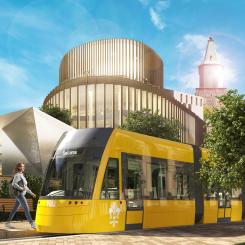 Åbo växer och kollektivtrafiken måste planeras med framtiden i åtanke. För att minska stadens klimatavtryck anslöt sig Åbo Spårvägsbolag till klimatavtalet och tar nu aktivt ansvar för att minimera utsläppen under projektets hela livscykel. Illustration: Åbo stad