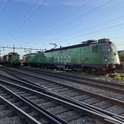 Två Mb-lok och ett vagnslasttåg med Td-lok. Foto: Green Cargo