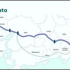 Den första etappen omfattar sträckorna Esbo–Vichtis–Lojo, Salo–Hajala samt Nunna–Kuppis. Karta: Västbanan projektet