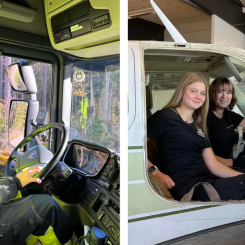 Linus Widén från Alunda är en av TYAs nya ambassadörer, som ska locka fler unga till lastbilsföraryrket. Denise Fernros och Felicia Blom utbildar sig till flygmekaniker på Edströmska gymnasiet i Västerås. Foto: TYA